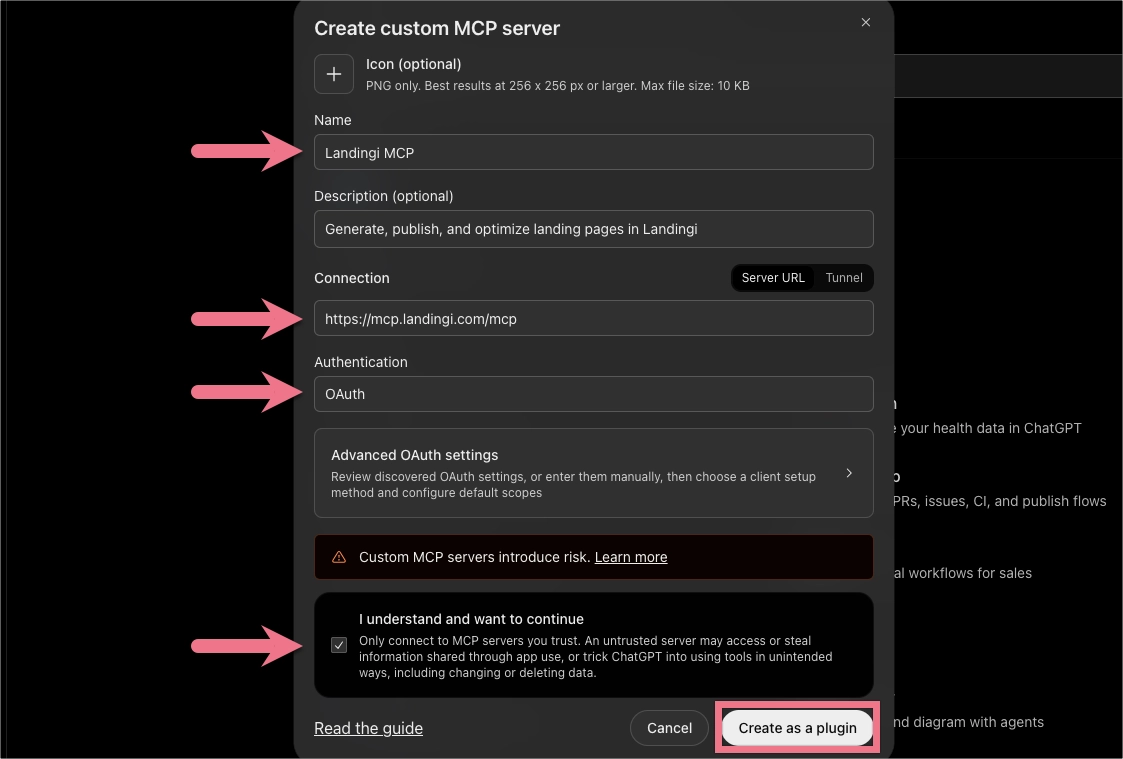 Landingi MCP settings with the server URL and OAuth authentication.