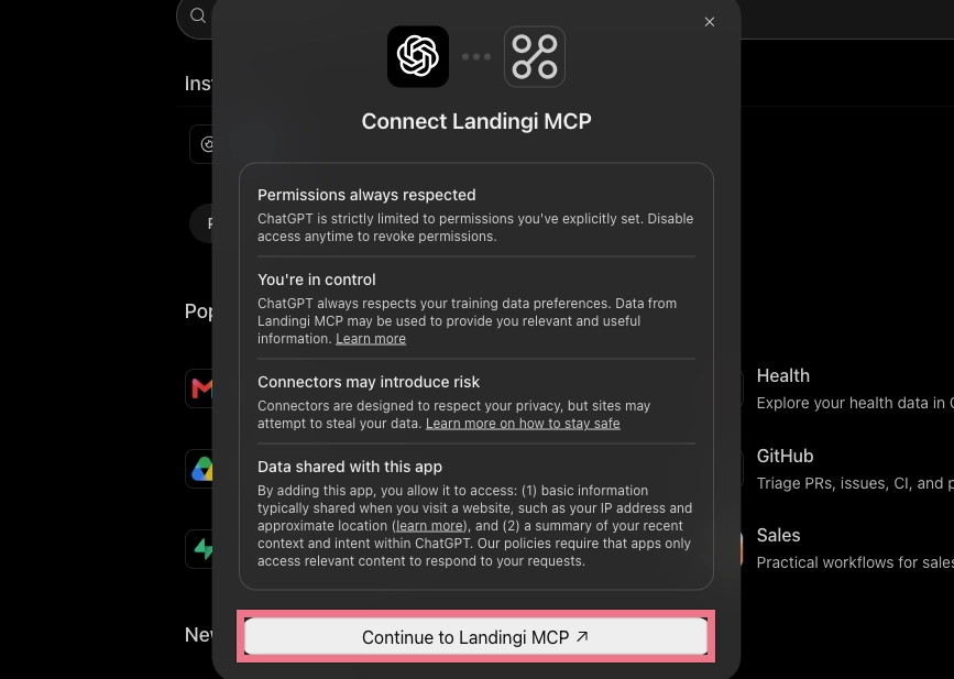 Connect Landingi MCP window with the Continue to Landingi MCP button.