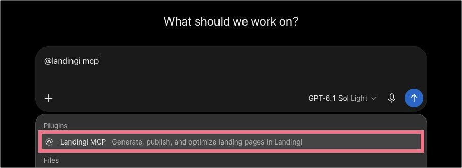 Selecting Landingi MCP from the ChatGPT mention menu.