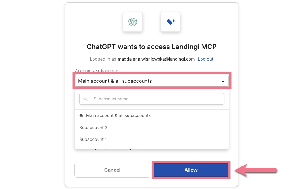 Landingi authorization screen with account selection and the Allow button.