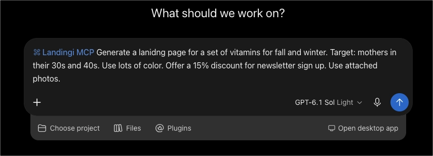 AI prompt requesting a vitamin landing page through Landingi MCP.
