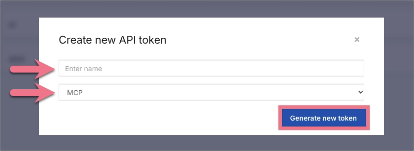 Creating a new API token with the MCP type selected.