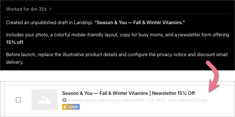ChatGPT confirmation and the generated landing page in Landingi.