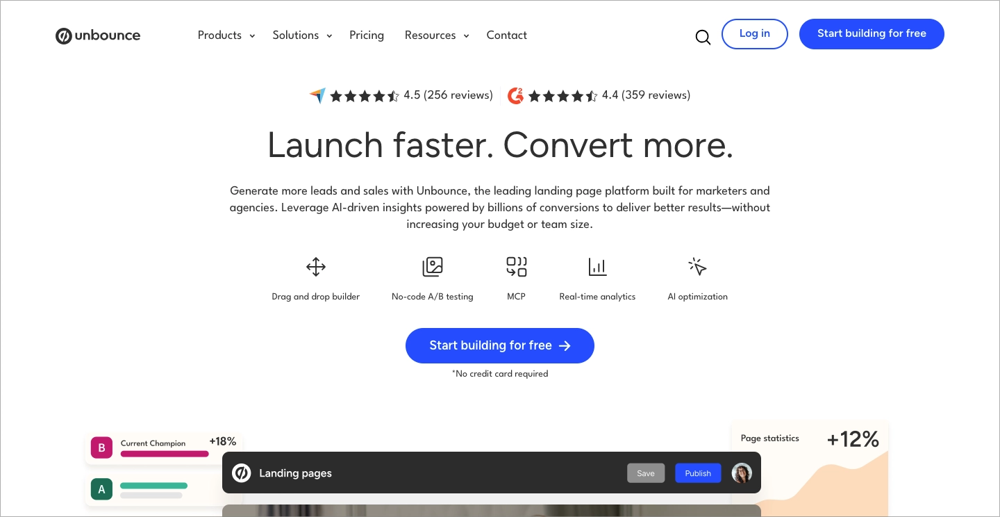 Unbounce landing page builder homepage highlighting A/B testing and AI optimization