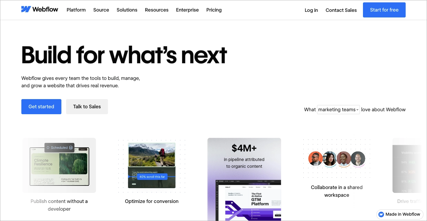 Webflow homepage highlighting website publishing, optimization, and team collaboration